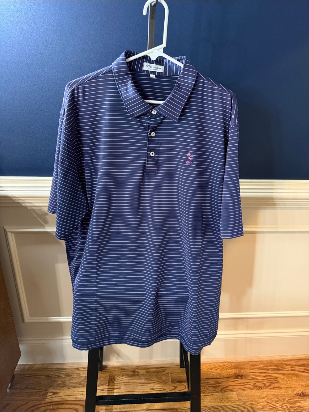 Peter Millar Navy Striped Polo with Pink Athens Country Club Logo